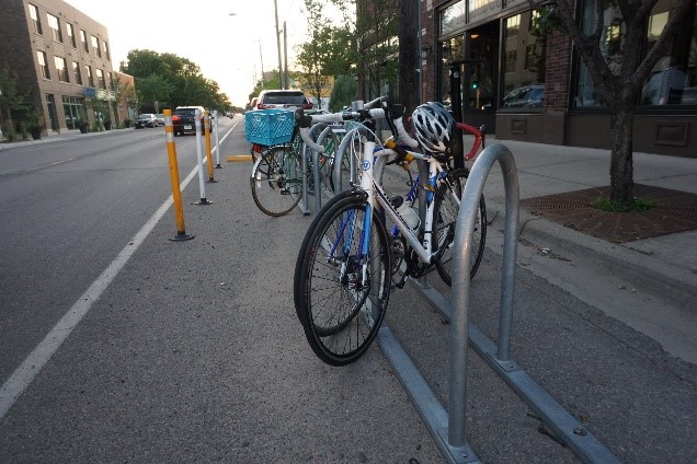 On-street bicycle parking corral in the parking lane